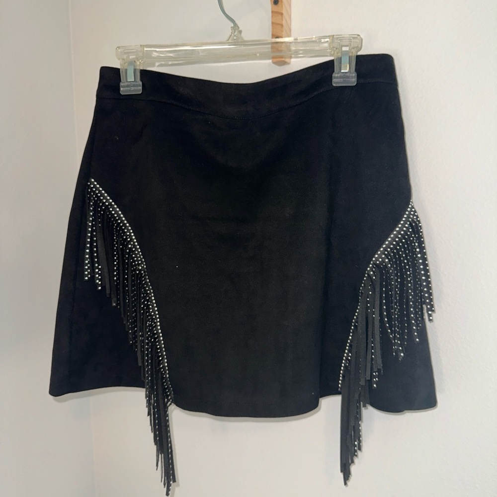 SHEIN Black A-Line Mini Skirt with Fringe and Studs